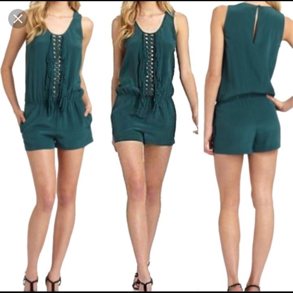 NWT BCBG emerald green romper with fringe